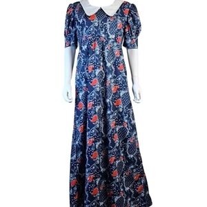 Vintage 70s Handmade Red White Blue Paisley Print Peter Pan Collar Maxi Dress
